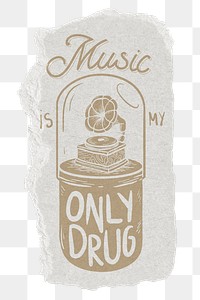 Music pill  png sticker, ripped paper transparent background