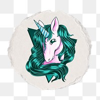 Unicorn png sticker, ripped paper transparent background