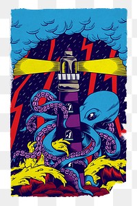 Png  octopus attacks lighthouse sticker, ripped paper transparent background
