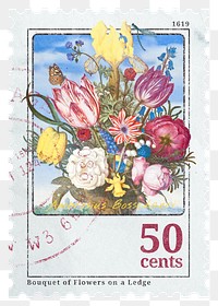 PNG flower postage stamp, aesthetic spring collage element, transparent background