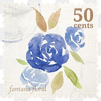 PNG watercolor postage stamp, aesthetic floral collage element, transparent background