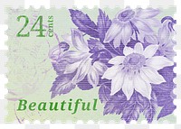 PNG floral postage stamp, aesthetic purple flower collage element, transparent background