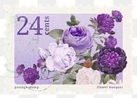 PNG floral postage stamp, aesthetic purple flowers collage element, transparent background