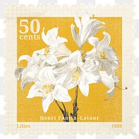 PNG floral postage stamp, aesthetic white lily collage element, transparent background