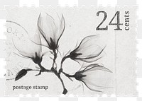 PNG floral postage stamp, aesthetic magnolia, grayscale flower collage element, transparent background