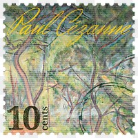 PNG Paul Cézanne's forest postage stamp, aesthetic collage element, transparent background, remixed by rawpixel