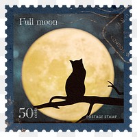 Moon & cat png post stamp sticker, transparent background