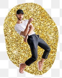 Male dancer png badge sticker, gold glitter blob shape, transparent background