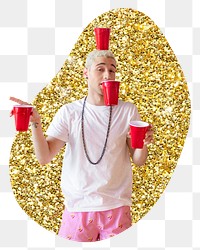 Png man holding red cups badge sticker, gold glitter blob shape, transparent background