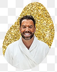 Man in spa png badge sticker, gold glitter blob shape, transparent background