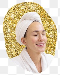 Woman in spa png badge sticker, gold glitter blob shape, transparent background