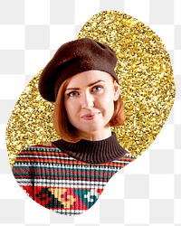 Png beret woman badge sticker, gold glitter blob shape, transparent background