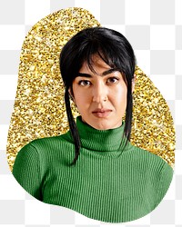 Png woman wearing turtleneck badge sticker, gold glitter blob shape, transparent background