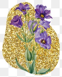 Png Texas bluebell flower badge sticker, gold glitter blob shape, transparent background