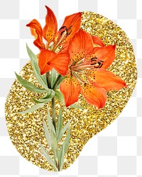 Red lily png badge sticker, gold glitter blob shape, transparent background