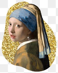 Png Girl with a Pearl Earring badge sticker, Johannes Vermeer's famous artwork, gold glitter blob shape, transparent background remixed by rawpixel