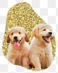 Png Golden retriever puppies badge sticker, gold glitter blob shape, transparent background