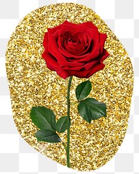 Red rose png badge sticker, gold glitter blob shape, transparent background