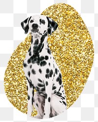 Dalmatian dog png badge sticker, gold glitter blob shape, transparent background