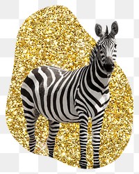 Zebra png badge sticker, gold glitter blob shape, transparent background