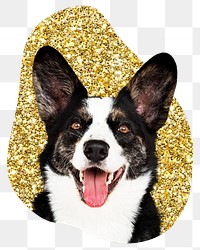 Png Welsh Corgi dog badge sticker, gold glitter blob shape, transparent background