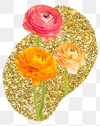 Ranunculus flower png badge sticker, gold glitter blob shape, transparent background