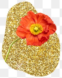 Poppy flower png badge sticker, gold glitter blob shape, transparent background