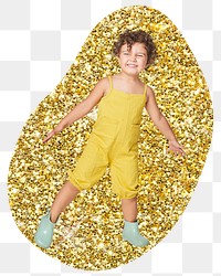 Little kid png badge sticker, gold glitter blob shape, transparent background