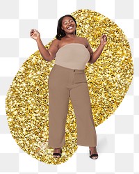 Png joyful African woman sticker, gold glitter blob shape, transparent background