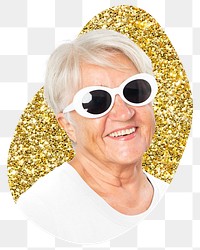 Png senior woman with sunglasses sticker, gold glitter blob shape, transparent background