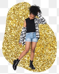 African teenager png sticker, gold glitter blob shape, transparent background