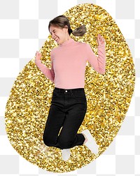 Jumping girl png sticker, gold glitter blob shape, transparent background