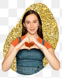 Png woman making heart hands sticker, gold glitter blob shape, transparent background