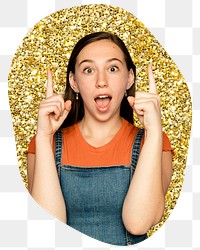 Png young woman pointing up sticker, gold glitter blob shape, transparent background