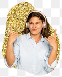 Png woman listening to music sticker, gold glitter blob shape, transparent background