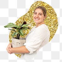 Png woman holding plant sticker, gold glitter blob shape, transparent background