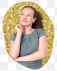 Businesswoman thinking png badge sticker, gold glitter blob shape, transparent background