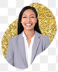 Smiling businesswoman png badge sticker, gold glitter blob shape, transparent background