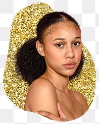 Young woman png sticker, gold glitter blob shape, transparent background