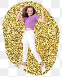 Woman dancing png sticker, gold glitter blob shape, transparent background
