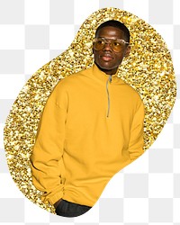 African man png sticker, fashion gold glitter blob shape, transparent background