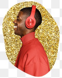 Png man with headphones sticker, gold glitter blob shape, transparent background