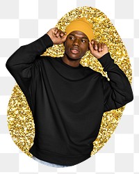 Png man wearing beanie sticker, gold glitter blob shape, transparent background