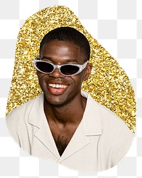 Png African man with shades sticker, gold glitter blob shape, transparent background