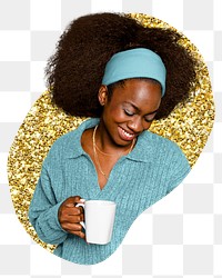 Png woman drinking coffee sticker, gold glitter blob shape, transparent background