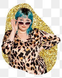 Confident woman png  sticker, gold glitter blob shape, transparent background