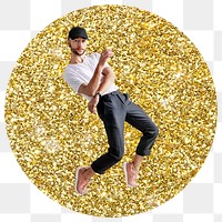 Male dancer png badge sticker, gold glitter circle shape, transparent background