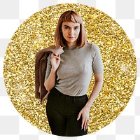 Businesswoman png badge sticker, gold glitter circle shape, transparent background