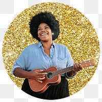 Png woman playing ukulele badge sticker, gold glitter circle shape, transparent background