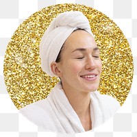 Woman in spa png badge sticker, gold glitter circle shape, transparent background